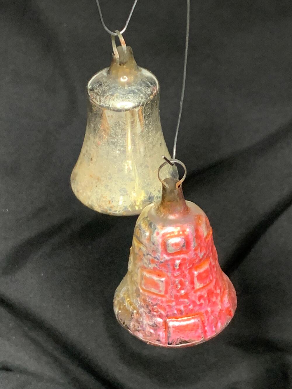 Vintage Glass Christmas Bell Ornaments Lot of 2 Red Silver Molded Embossed
